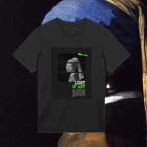 “Girl with a pearl” art print on black t-shirt.