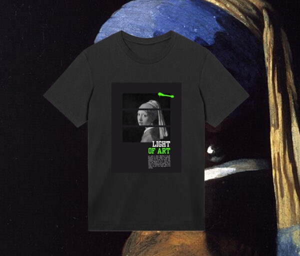 “Girl with a pearl” art print on black t-shirt.