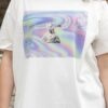 Holographic vaporwave art pring on creamy, off-white oversize t-shirt.
