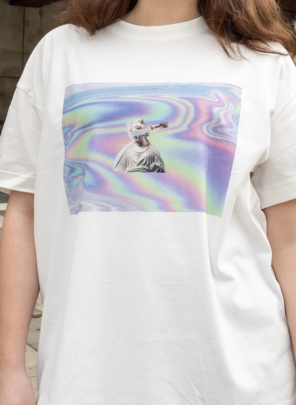 Holographic vaporwave art pring on creamy, off-white oversize t-shirt.