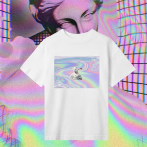 Holographic vaporwave art pring on creamy, off-white oversize t-shirt.