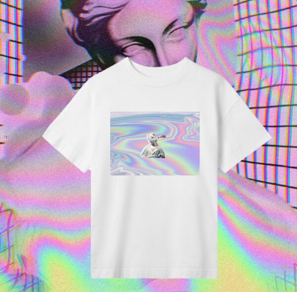 Holographic vaporwave art pring on creamy, off-white oversize t-shirt.