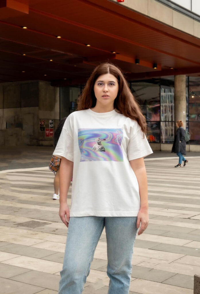 Holographic vaporwave art pring on creamy, off-white oversize t-shirt.